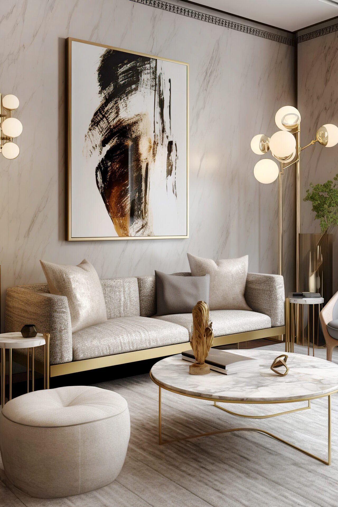 Elegant living room with neutral sofa, marble walls, gold lighting, and modern artwork