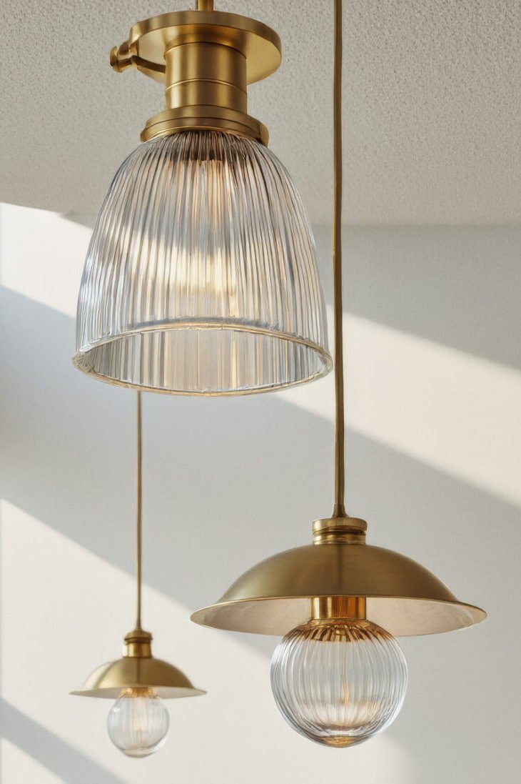 Gold pendant light fixtures hanging in a modern sunlit room