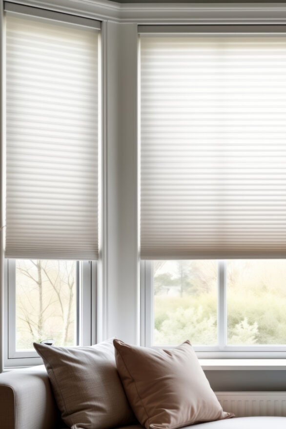 Neutral-colored blinds on bay windows in a cozy living room with indoor plants