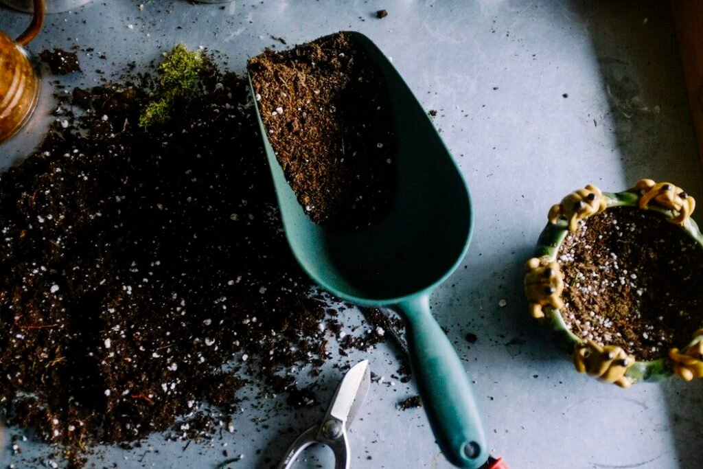Close-up of potting soil being scooped into a small container for planting, with a gardening trowel and mini pots nearby