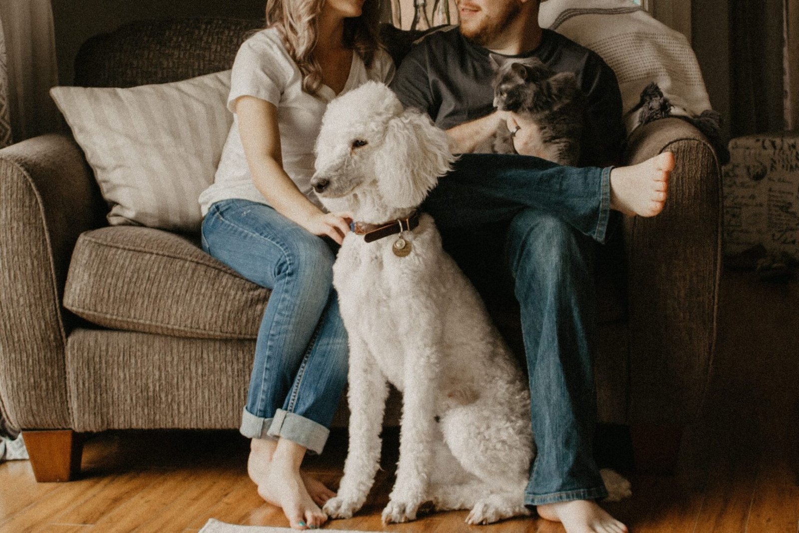 Woman sitting on a sofa hugging her white dog in a cozy living room